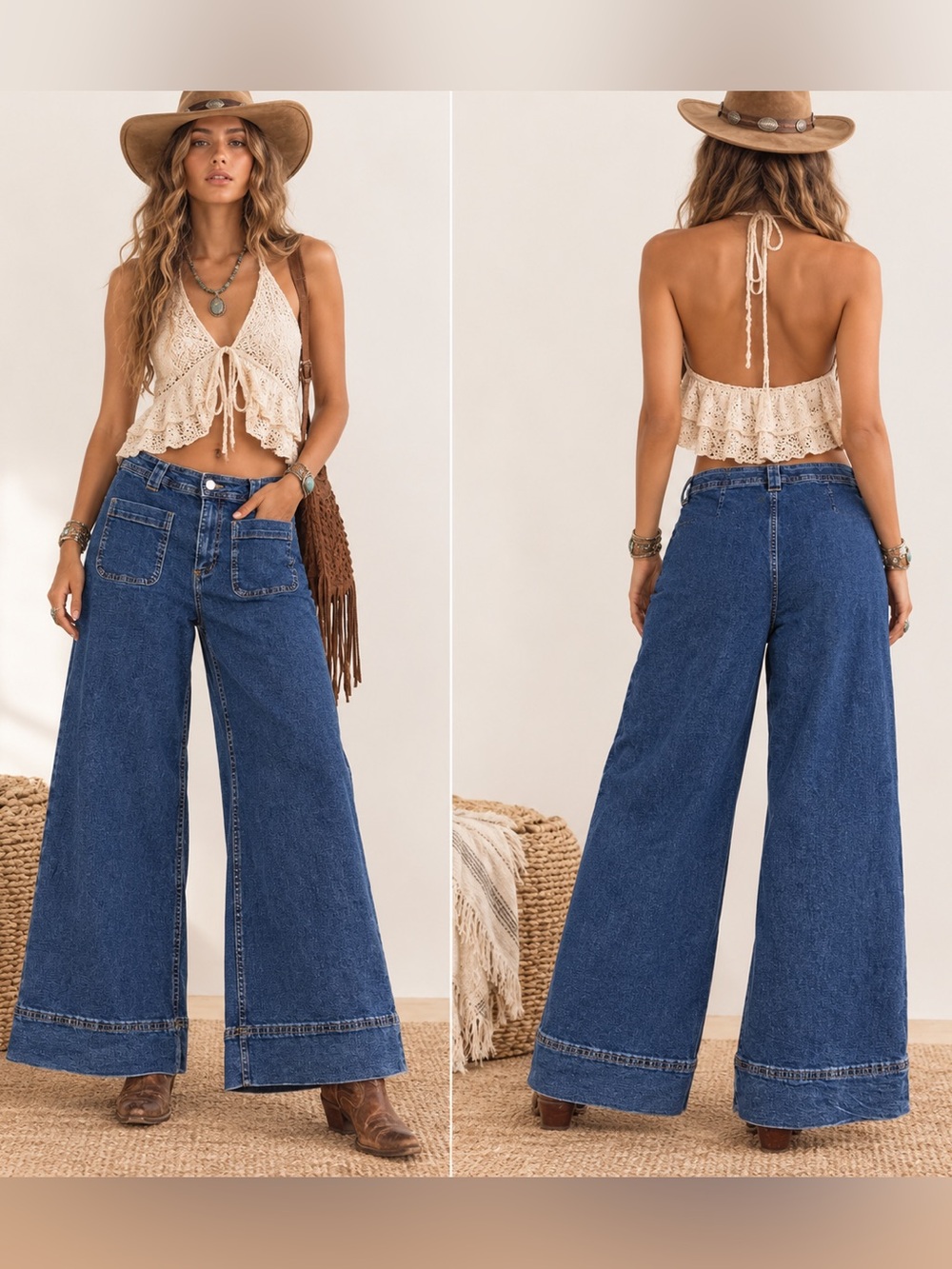 High-Rise Blue Wide Leg 70’s Bohemian Coastal Cowgirl Denim Jeans Size 32